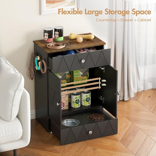 Pet Feeding Station w/ Storage, Raised Dog Bowls, Drawer, Hooks - Black - Picture 3 of 11
