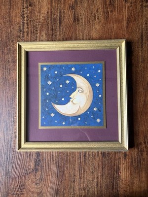 RARE Vintage Celestial Marybeth Zietz Crescent Moon Art Golden Frame 14.5  Large