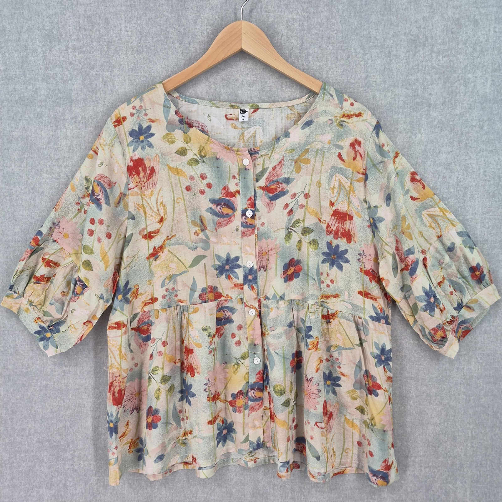 SooLinen Linen Blouse Womens Large Abstract Artsy Floral Peplum Button Front Top