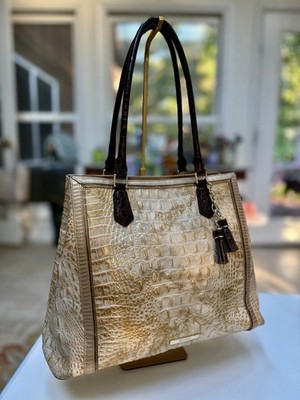    Brahmin WHITE TORTOISE CORO Leather Joan Tote EUC Beautiful Gold Shimmer!