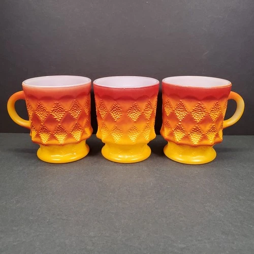 Anchor Hocking Fire King Kimberly Mugs Coffee Cups Orange Diamond Set of 3 VTG