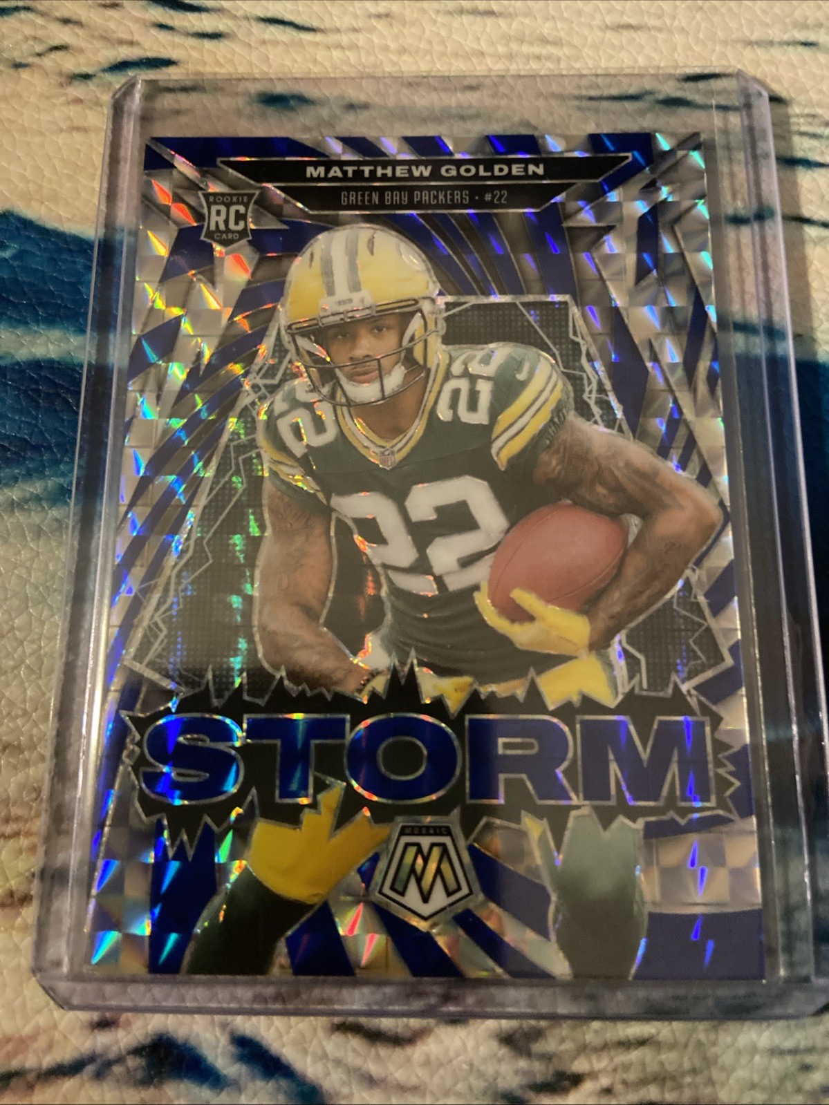2025 Mosaic Football Matthew Golden RC Storm Blue Mosaic Prizm /99 Packers