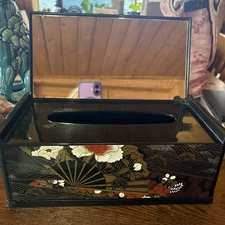 Vintage Japanese Lacquer Tissue Box Mirrored Large Box Yamanaka 10.5" Fan