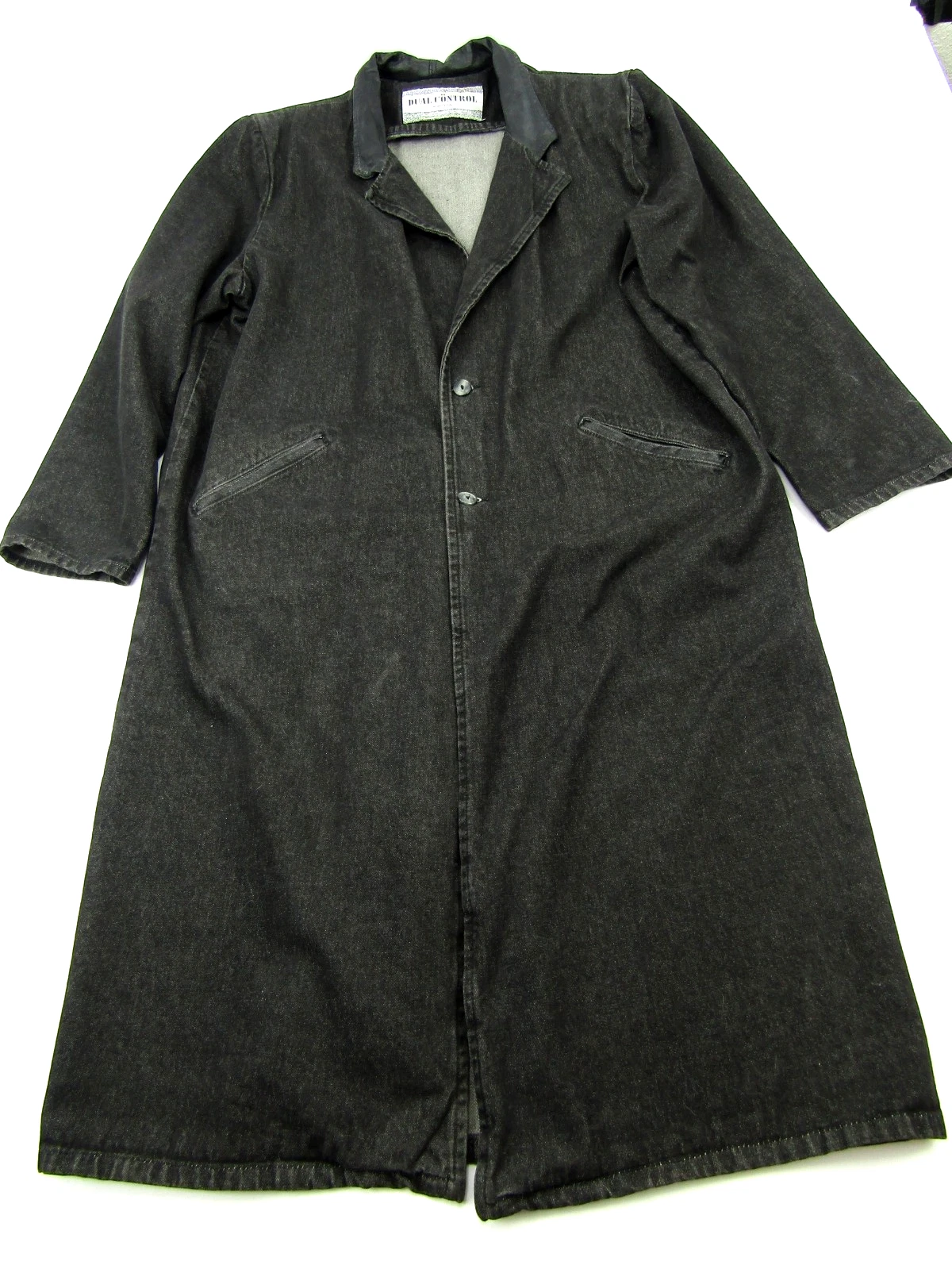 VTG Dual Control Black Denim Trench Duster Coat Button Pockets Western 90s