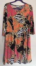 Susan Graver Orange/Black Multicolor Fit N’ Flare Dress, 3/4 Sleeves, Size Med