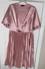 PrettyLittleThing Pink Satin Pleated Midi Dress V-Neck Kimono UK 16 USA 12