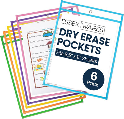 Essex Wares - 6 Pack, Pastel, Dry Erase Pocket Document Protectors, 10'' Wide X 1