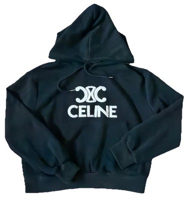 Celine Paris Brand Triomphe Fuzzy Logo Chest Black Hoodie Women Size Medium