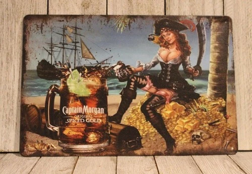 Captain Morgan Tin Metal Sign Poster Sexy Pinup Girl Spiced Rum Vintage Look Bar