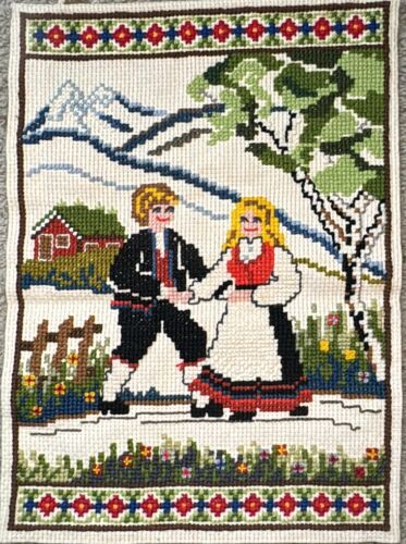 Vintage Needlepoint Scandinavian Alpine Couple Lovers Wall Hanging 14.5” x 20”