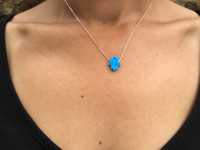 White Opal Hamsa / Fatima Hand Necklace 