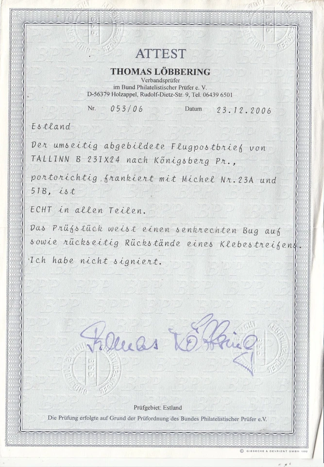 RS25648/ ESTONIA – MI # 51B + 23A 航空邮件盖带 LOBBERING 认证 — 第 3/4 张图片