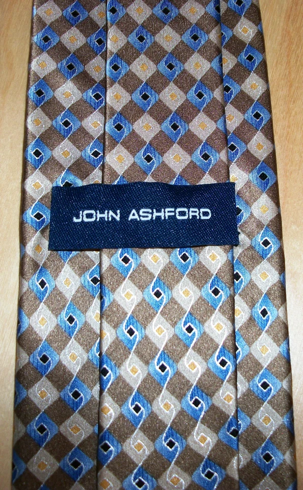 Corbata de cuello de seda para hombre John Ashford bronceada y azul a cuadros 59" de largo x 3,2" de ancho (D148) Foto 4 de 4