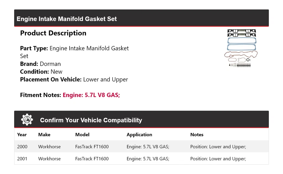 Juego de juntas de colector de admisión de motor Dorman Workhorse FasTrack FT1600 2000-2001 Foto 2 de 4