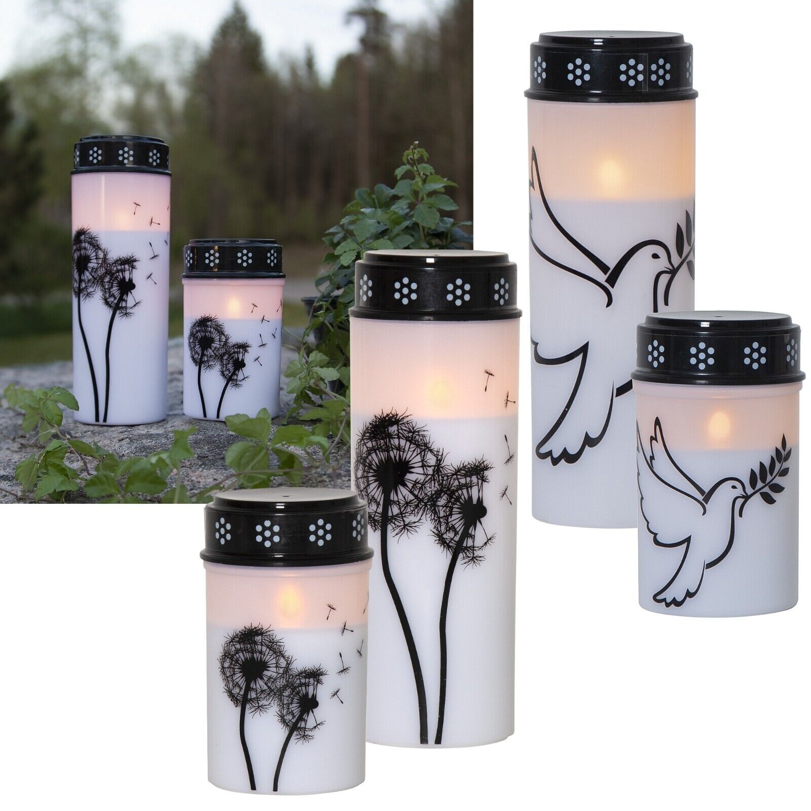 LED Grableuchte mit Motiv & TIMER Grablaterne Grablampe Kerze für Grab Batterie