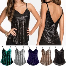 Canotta donna glitter paillettes spaghetti spalline scollo a V canotta club party top