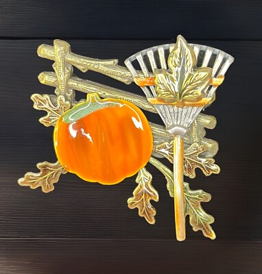 Vintage Fall Autumn Orange Enamel Pumpkin Rake Leaves Gold Tone Pin Brooch