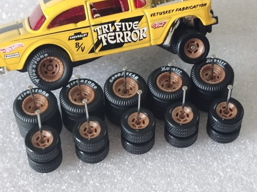 JUEGOS DE 5 RUEDAS DE GOMA HOT WHEELS 1/64 NEUMÁTICOS TALLA CHEVY GASSER MARRÓN CLARO - Imagen 2 de 5