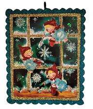 ANGELS Painting SNOW in FROSTY WINDOW * Glitter CHRISTMAS ORNAMENT * Vtg Img