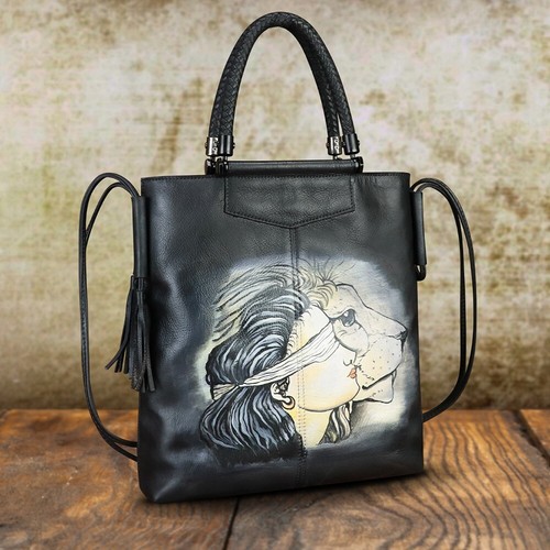 Hand painted Genuine Leather Purses and Handbags Women Shoulder Bag Tote Bag - Picture 7 of 21