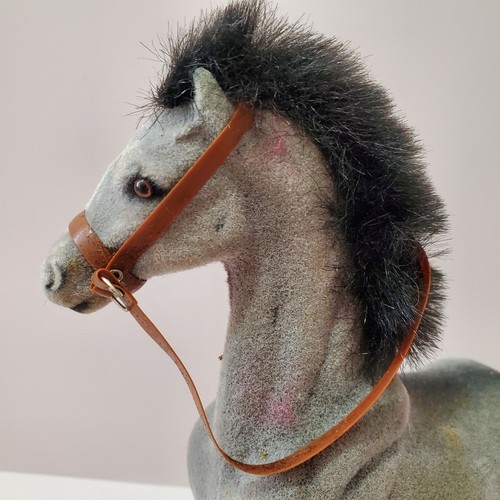 Horse Pony Figure Toy Flocked Plastic Fuzzy Mane Long Tail Gray 7" Bridle Vintag - Picture 3 of 10