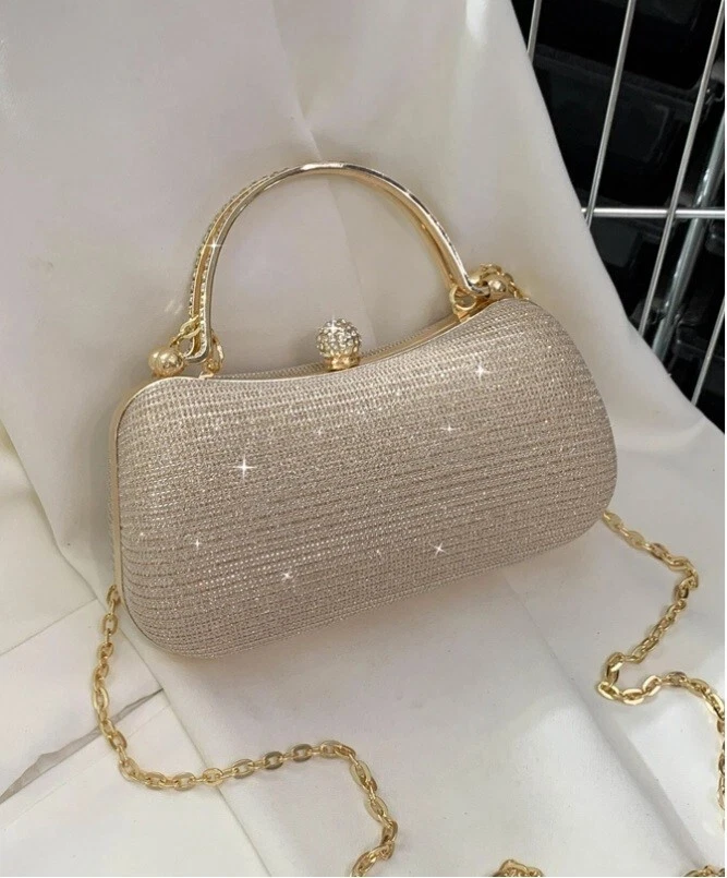 Women's Small Champagne Gold Rhinestone Decor Gold Chain Box Bag Double Handle - Image 2 of 4