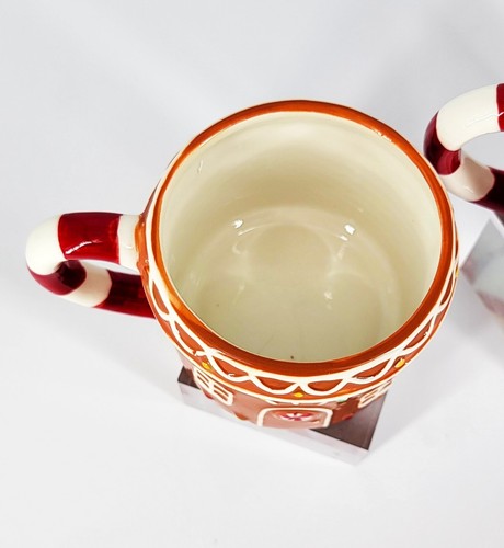 New Pair Holiday Time Christmas Gingerbread House Stoneware Hand Painted Mugs - Picture 3 of 12