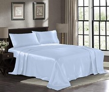 Twin Size Baby Blue Satin Bed Sheet Set Super Soft 1800 Microfiber Wrinkle Fade