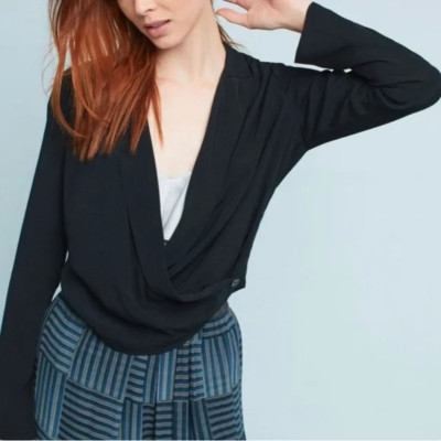 Anthropologie Ett Twa Women's Size 8 Black Long Sleeve Wrap Collared Blouse