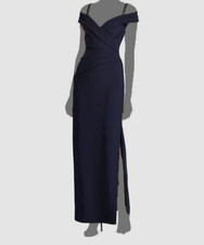  210 Ralph Lauren Women's Blue Ruched Beaded Cold Shoulder Gown Dress Size 8