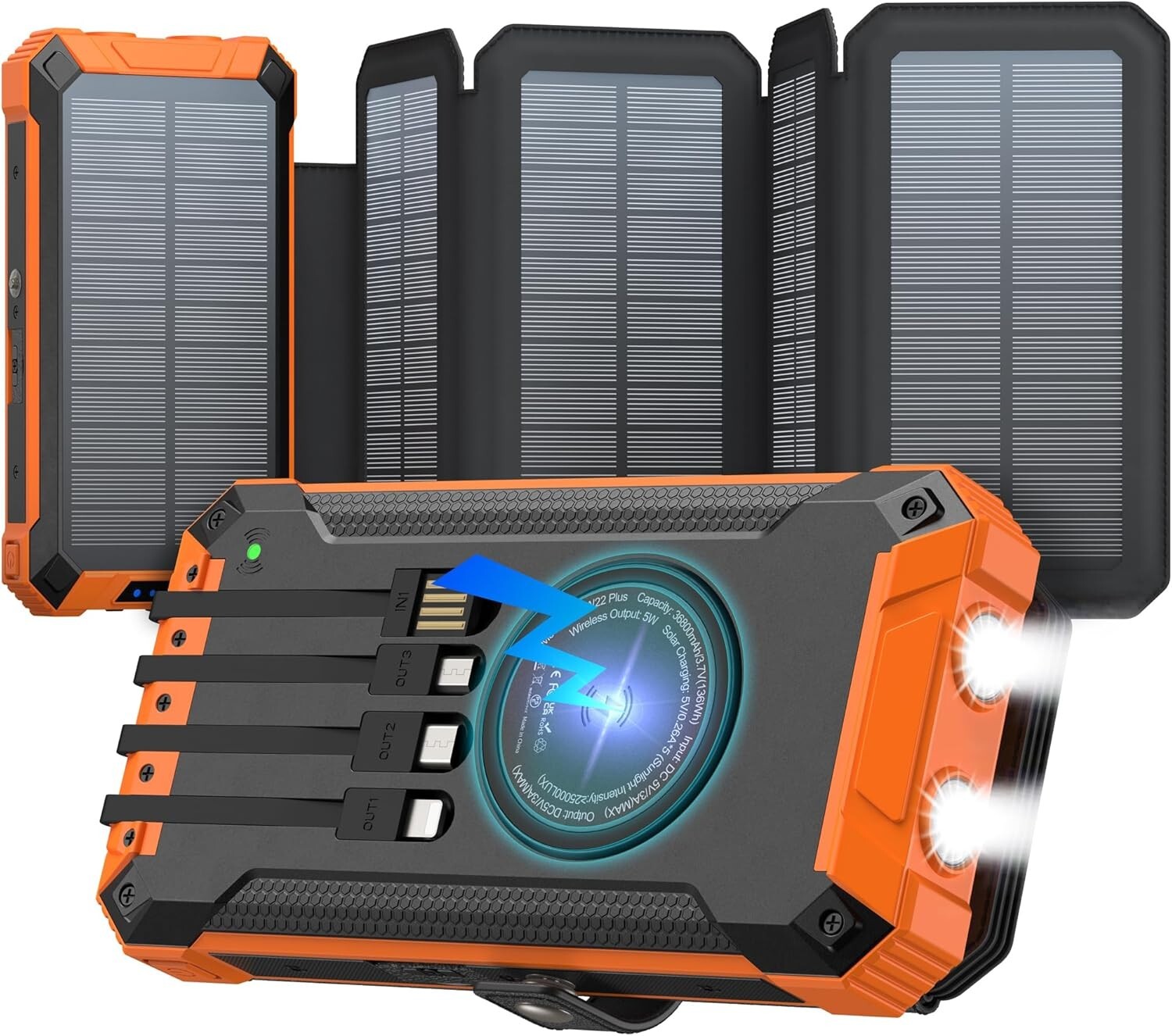 38,800mAh Solar Power Bank with Wireless Charging, 5 Outputs & Dual Flashlights