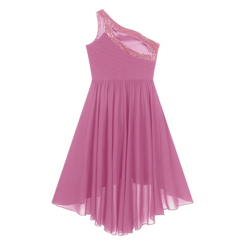 Kids Girls Gown Sequin Dress Elegant Dancewear One Shoulder High-Low Hem Formal - Picture 25 of 58