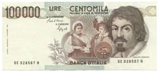 100000 LIRE BANK OF ITALY CARAVAGGIO I TYPE LETTER E 06/03/1992 SPL/SPL+