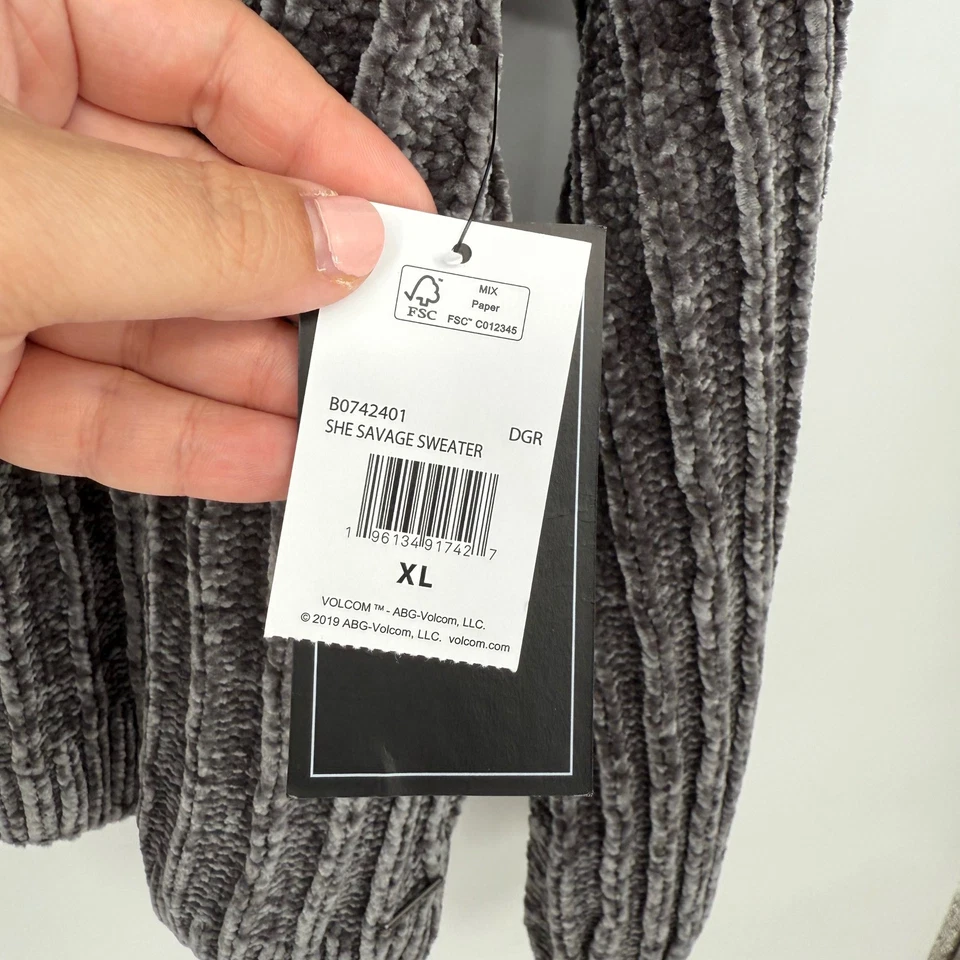 Volcom She Savage Sweater Grey Ribbed Mock Neck Plush Cozy XL - Image 4 of 4