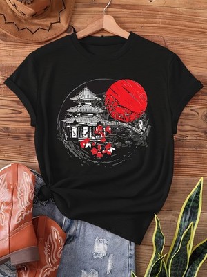 Women's Japanese Cherry Blossom Temple Red Sun Graphic T-Shirt Casual Top