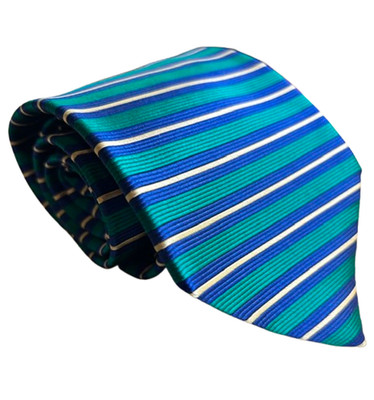 Vintage Robert Talbott Men s Silk Blue, Green, & Tan Striped Designer Tie