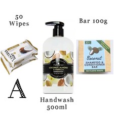 Coconut Bath Body Gift Set Handwash 500ml Shampoo Bar 100g 50 Facial Wipes