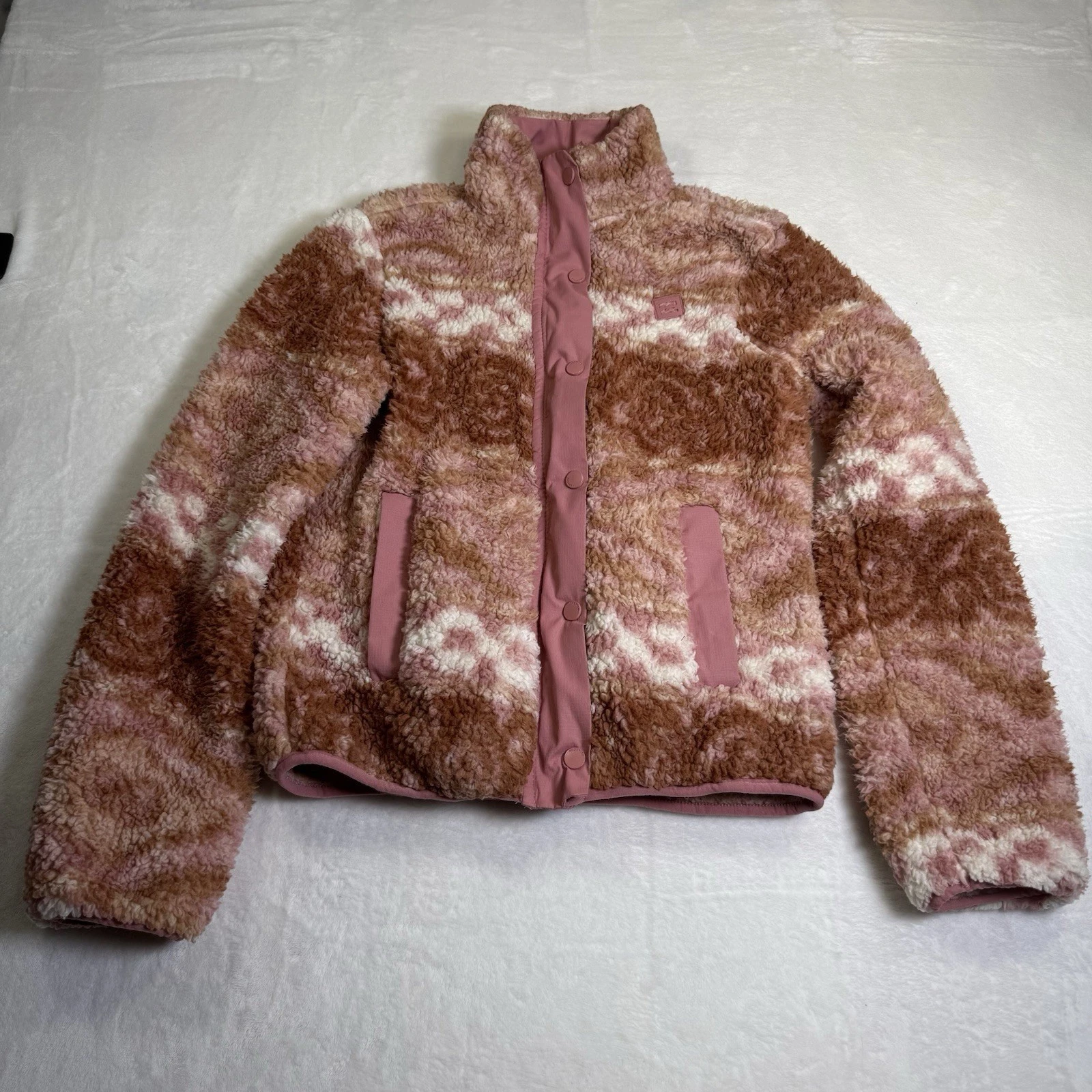 Billabong Women's S Cozy Days Jacket Full Zip Snap Sherpa Fleece Rose Pink
