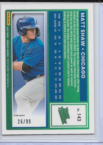 2025 Donruss Optic MATT SHAW Rated Prospect RED PRIZM SP # /99 Cubs (143) - Picture 2 of 2