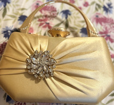 Gold Satin Evening Bag with Rhinestone Brooch, Formal Bridal Handbag