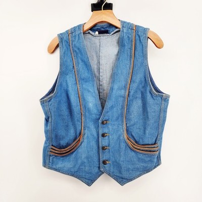 Vintage Brittania Cotton  Denim Waistcoat Artisan Trim Vest  L Western 70's Boho