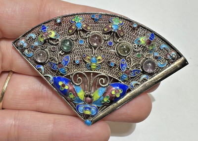 Chinesisch Export Faltbar Hand Ventilator Cloisonne Email Silber Filigran Retro