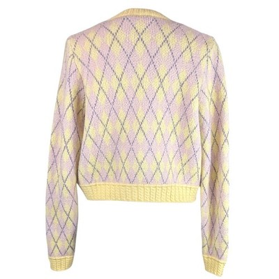 Zara Argyle Metallic Knit Open Front Cardigan Size XS Yellow Pink