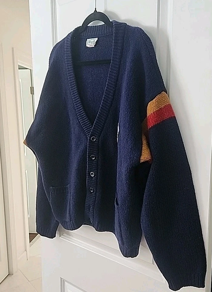 Cárdigan Suéter Vintage Años 90 Benetton Cortina Rayas Azul Lana Pura XL Pecho 52" Foto 2 de 4
