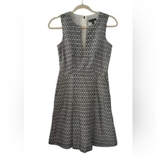 J.Crew 0 Black White eyelot Fit & Flare Sleeveless V-Neck Dress Classic