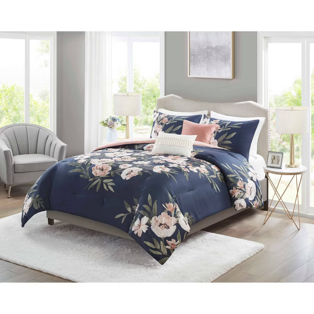 4pc TwinTwin Extra Long Leilani Floral Print Comforter Bedding Set - NavyBlush 6190₽