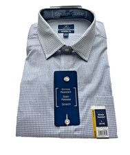 George Men  s Classic Long Sleeve Fit Stretch Collar Blue Check Dress Shirt LARGE
