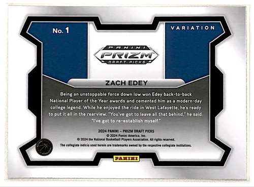 2024-25 Prizm Draft Picks Variation Zach Edey RC Memphis Grizzlies #1 - Picture 2 of 2