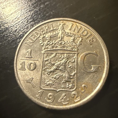 1942-S Netherlands East Indies 1/10 gulden, Ungraded. Free Shipping
