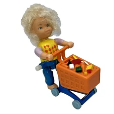 Vintage 1990 MII Wind Up Walking Doll Orange Shopping Cart Works Great VGC